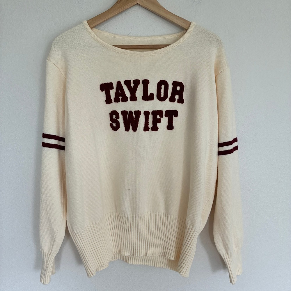 Taylor Swift Varsity Sweater Womens L Cream Red Spellout Collegiate Swiftie Eras